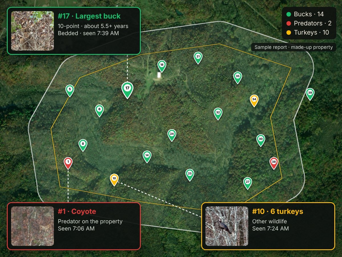 Sample herd analysis map: buck, predator and turkey pins on a property, with cards for the largest buck, a coyote and six turkeys