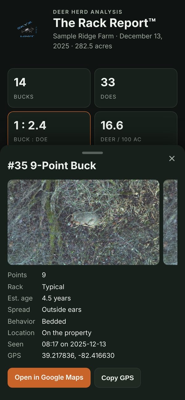 Interactive landowner map on a phone showing a 9-point buck card with photos and details