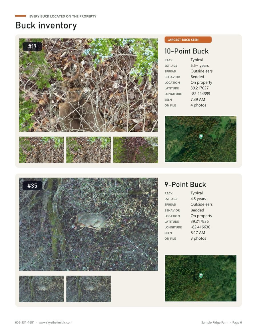 Buck inventory page with thermal drone photos of a 10-point and a 9-point buck, rack, age and spread