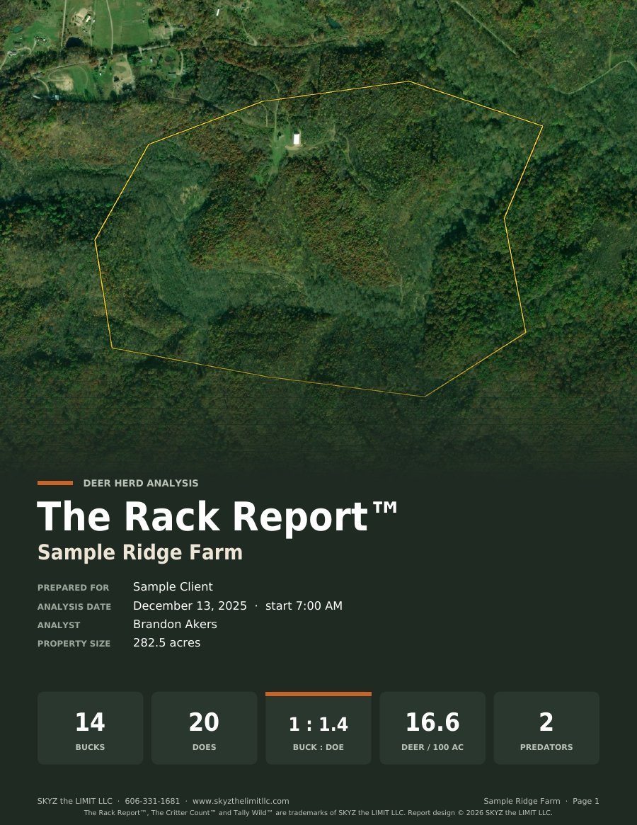 The Rack Report deer herd analysis cover showing 14 bucks, 20 does, a 1 to 1.4 buck-to-doe ratio, 16.6 deer per 100 acres and 2 predators