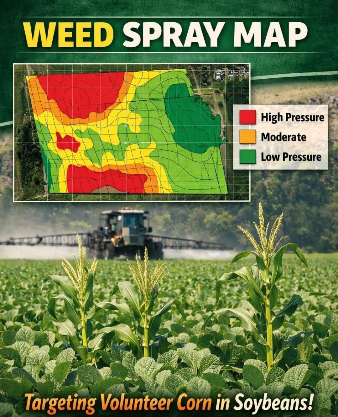 Weed spray map showing high, moderate and low weed pressure zones for volunteer corn in soybeans